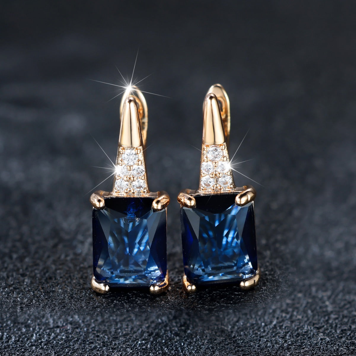 Champagne Gold Sapphire Blue Rectangle Drop Earrings – Copper Diamond-Cut Luxury Jewelry for Women