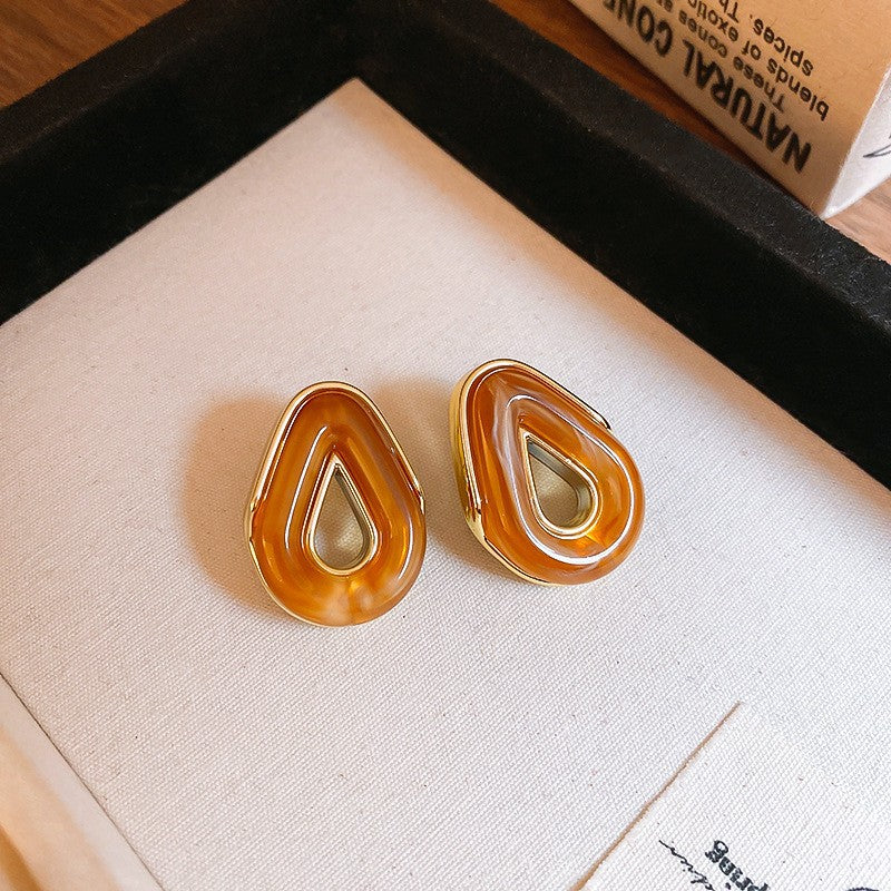 Vintage Amber Resin Gold Stud Earrings – Irregular Square & Teardrop Luxury Jewelry for Women