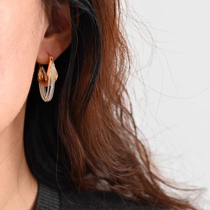 Gold & Silver Chain Tassel Hoop Earrings – Electroplated Alloy Contrast-Color Luxury Jewelry for Women