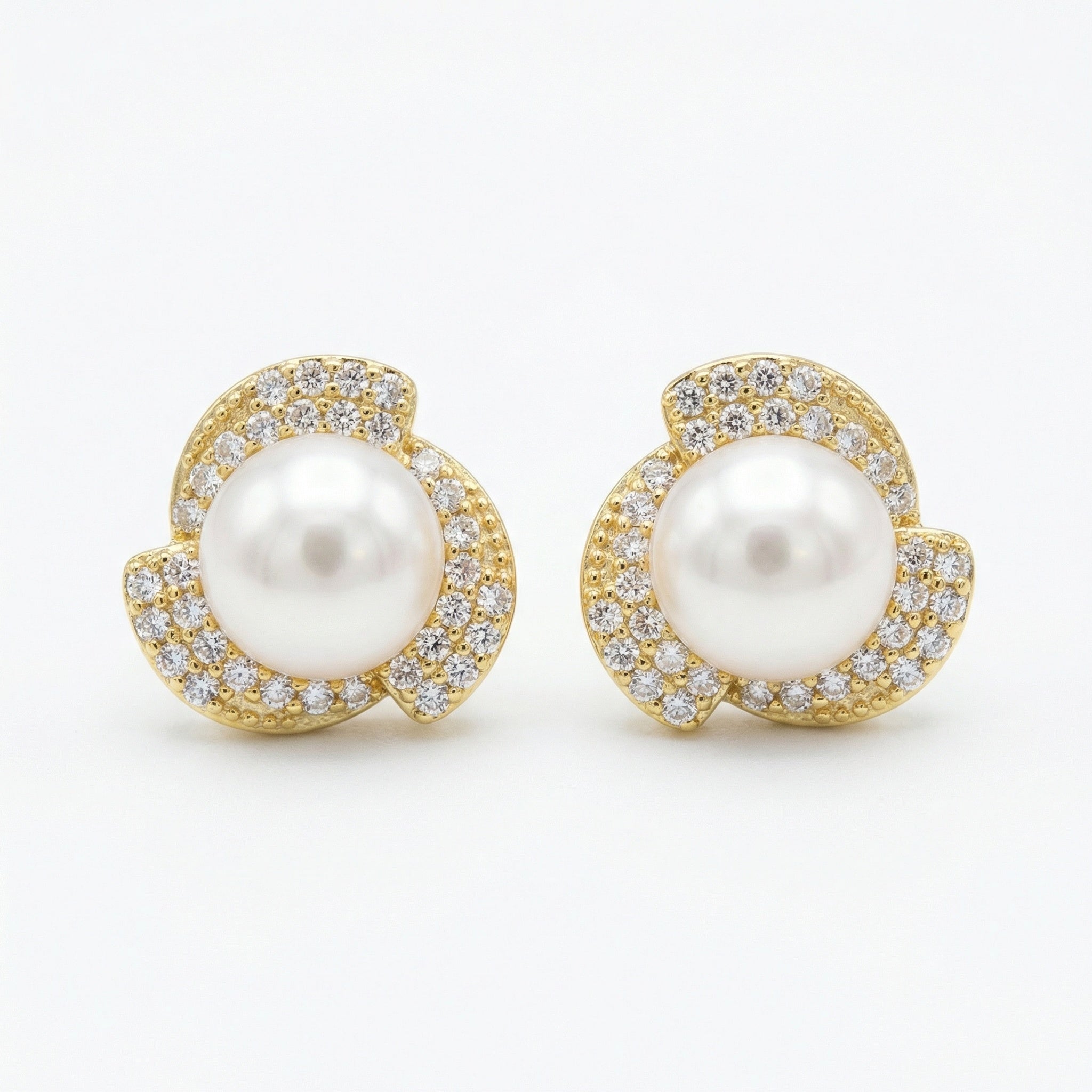 Pearl Halo Stud Earrings – 925 Sterling Silver Trilobed Swirl Design