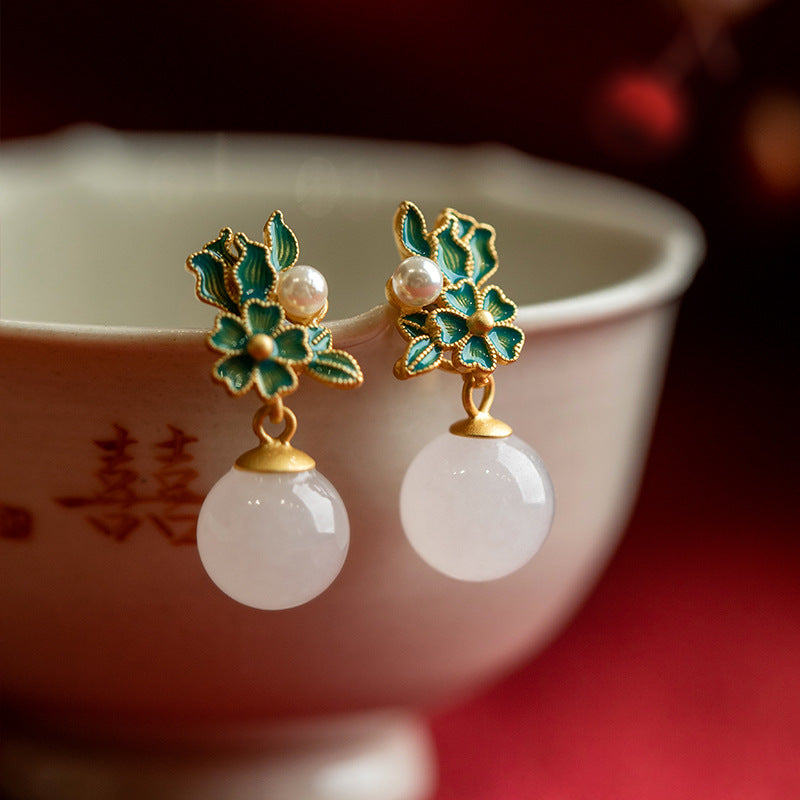 Hetian Jade & Pearl Flower Cluster Drop Earrings – Gold Enamel Retro Court Luxury Jewelry for Women