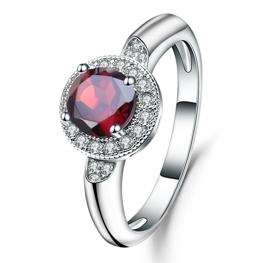 925 Silver Pomegranate Halo Ring – Retro Red Gemstone