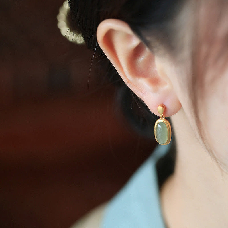 Ancient Gold Hetian Jade Drop Earrings – Copper National Style Ellipse Luxury Jewelry for Women