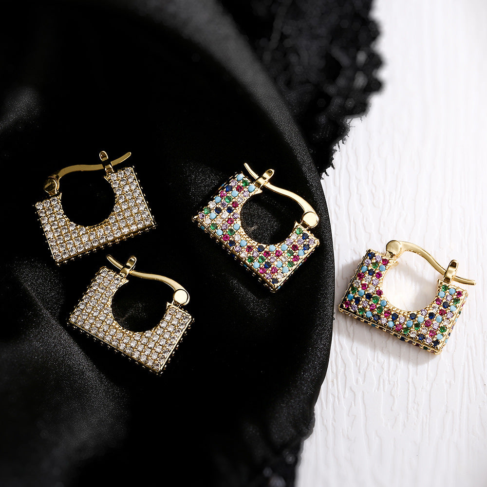 Gold Pavé Zircon Square Hoop Earrings – Electroplated Copper Irregular Luxury Jewelry for Women