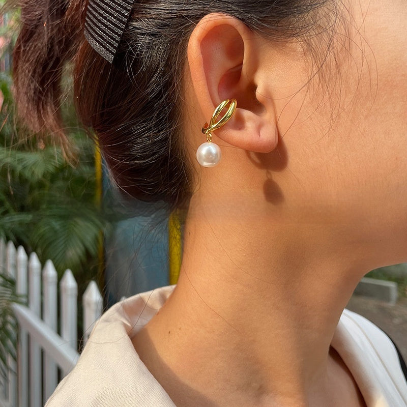 C-Shaped Pearl Drop Earrings – Geometric Gold Brass Statement Piece