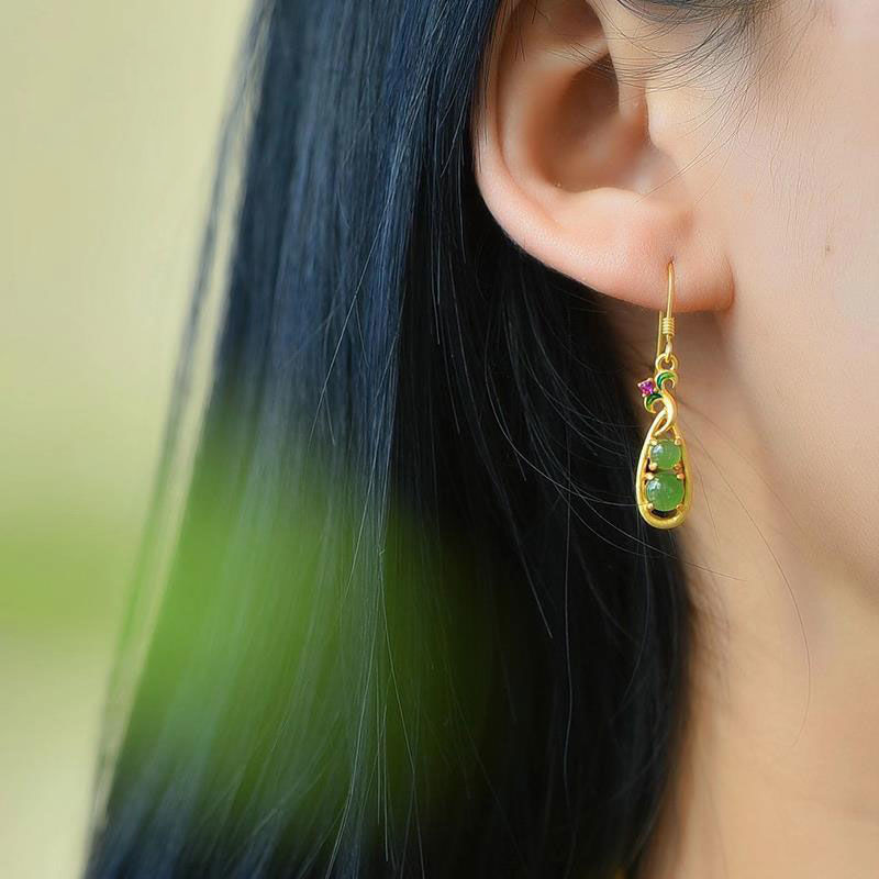 Gold Enamel Lucky Bean Drop Earrings – S925 Sterling Silver Ethnic Style Luxury Jewelry for Women