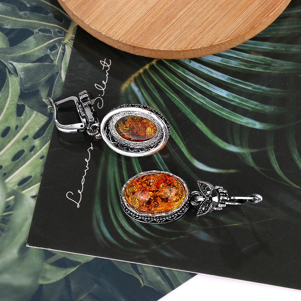 Geometric Retro Amber Stud Earrings – Antique Silver Alloy with Inlaid Semi-Precious Stone | Women's Luxury Jewelry