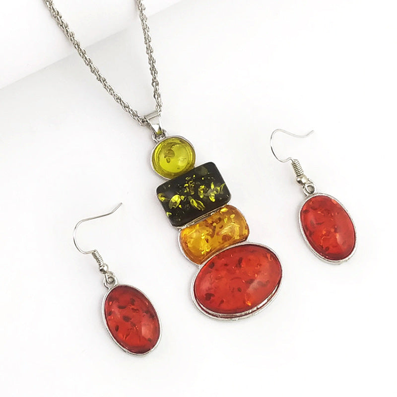 Amber Beeswax Geometric Ellipse Necklace & Earring Set – Inlaid Gem Snake Chain Luxury Jewelry for Women