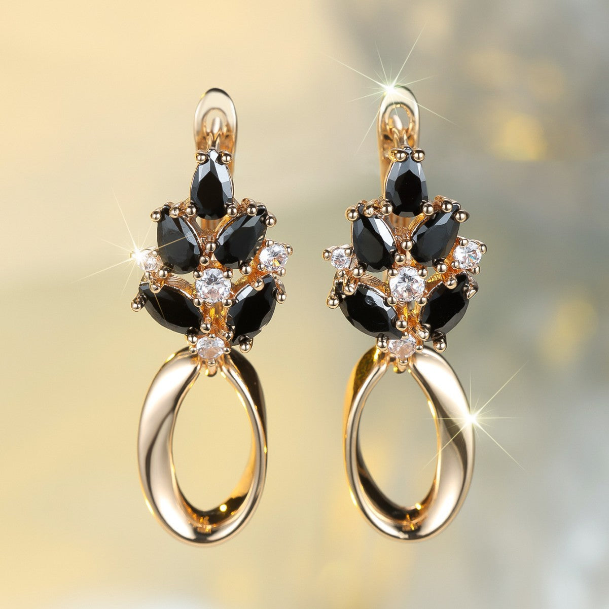 Champagne Gold Black Crystal Oval Ear Clips – Electroplated Copper Drop Earrings