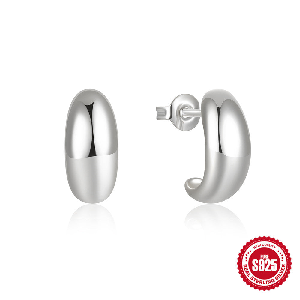 C-Shape Glossy Stud Earrings – 925 Sterling Silver, Geometric, Gold & Silver