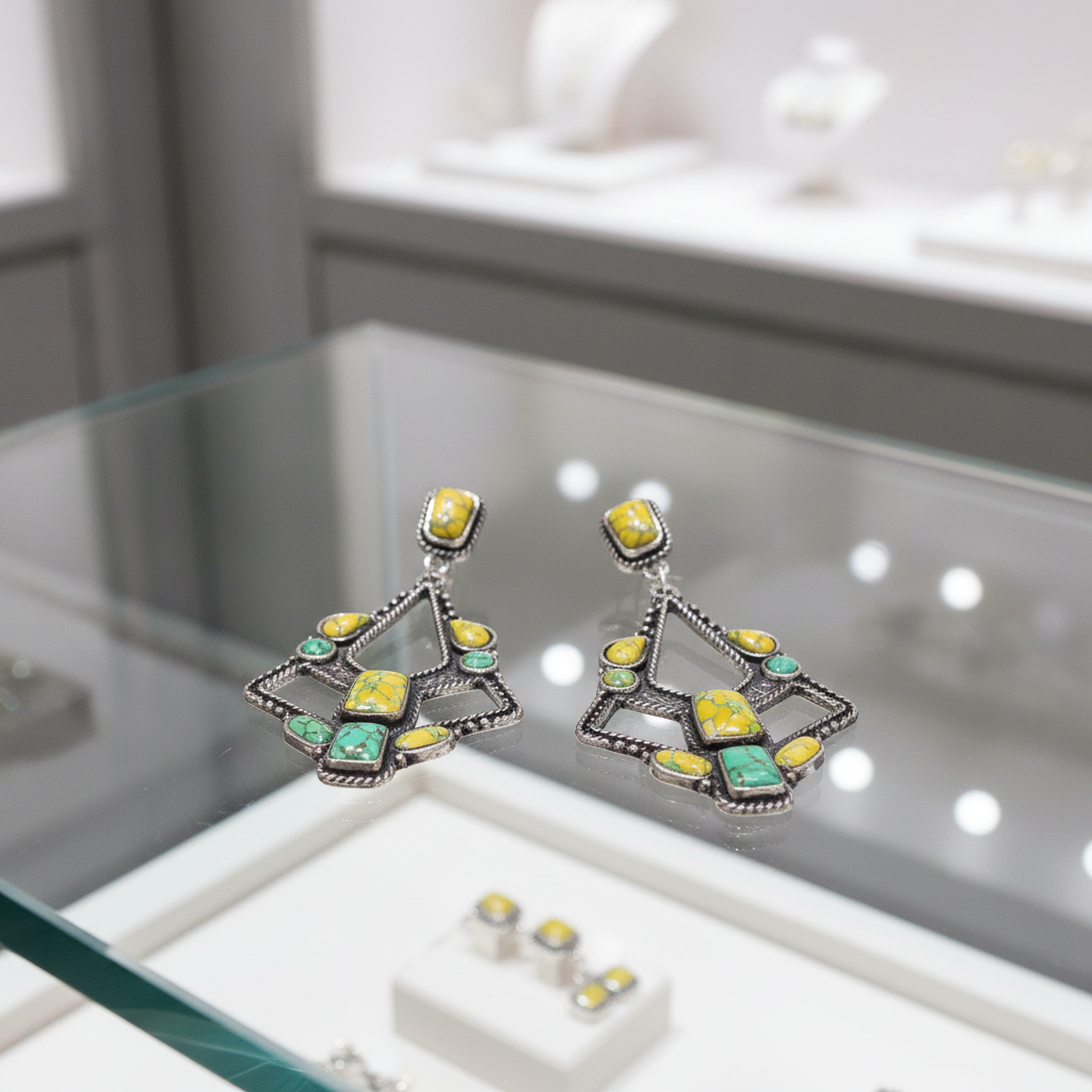 Ancient silver turquoise dangle earrings on glass counter display