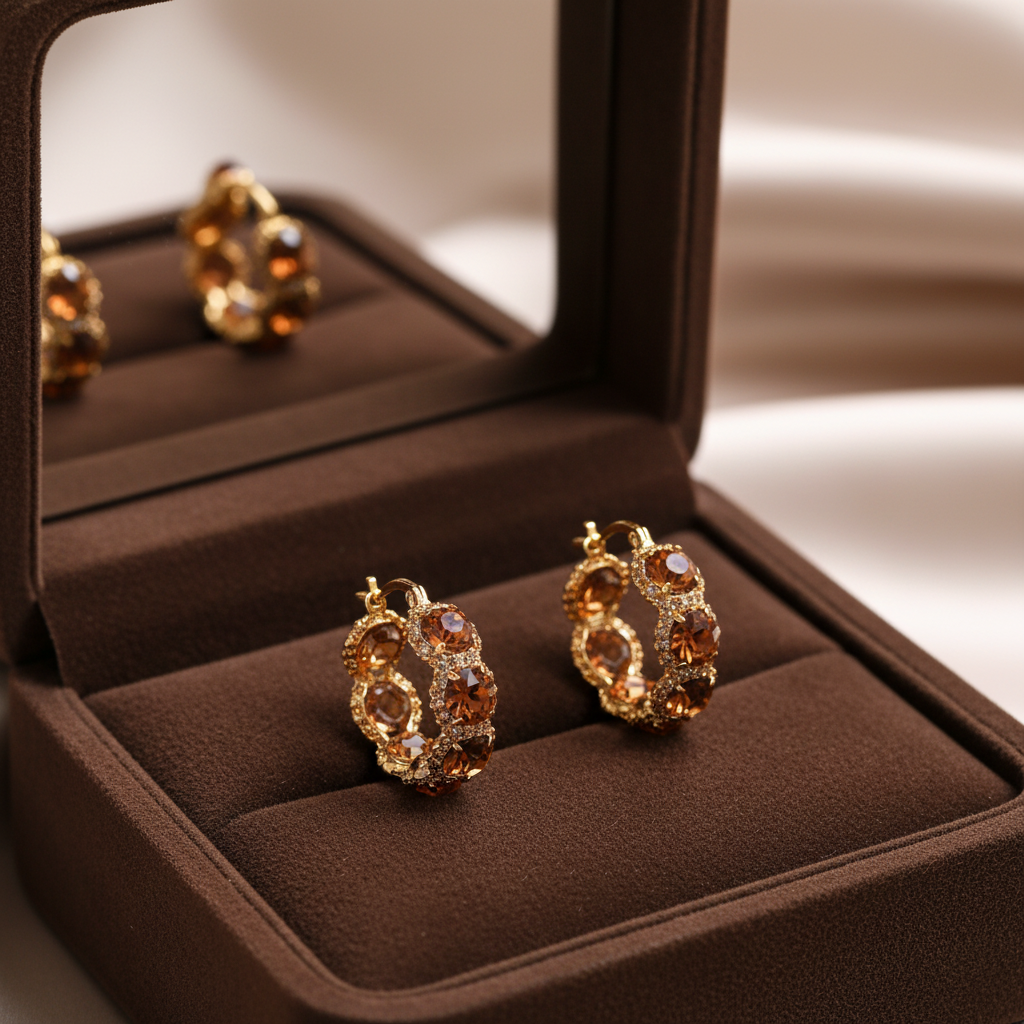 Coffee crystal hoop ear clips in luxury jewelry box with mirror