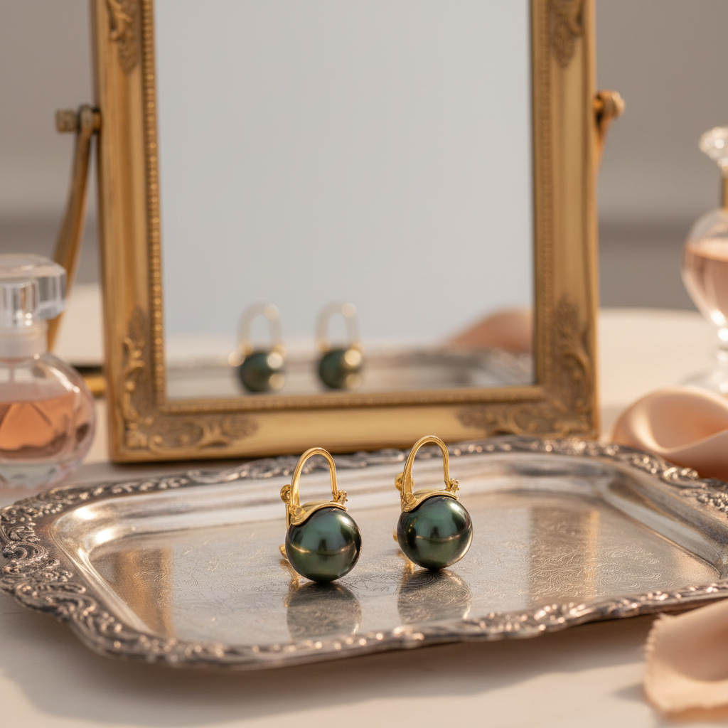 18K gold black Tahitian pearl ear clips in front of mirror with reflection
