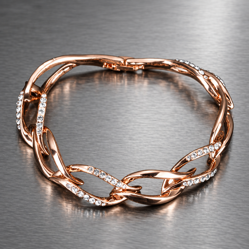 Rose gold-tone intertwined link bracelet with clear stone accents on brushed steel