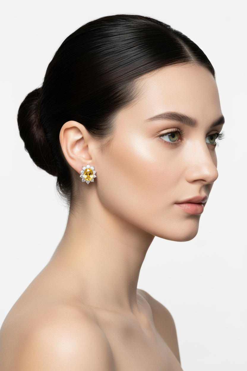 Eurasian woman right profile, green eyes, ballerina bun, citrine halo stud earrings
