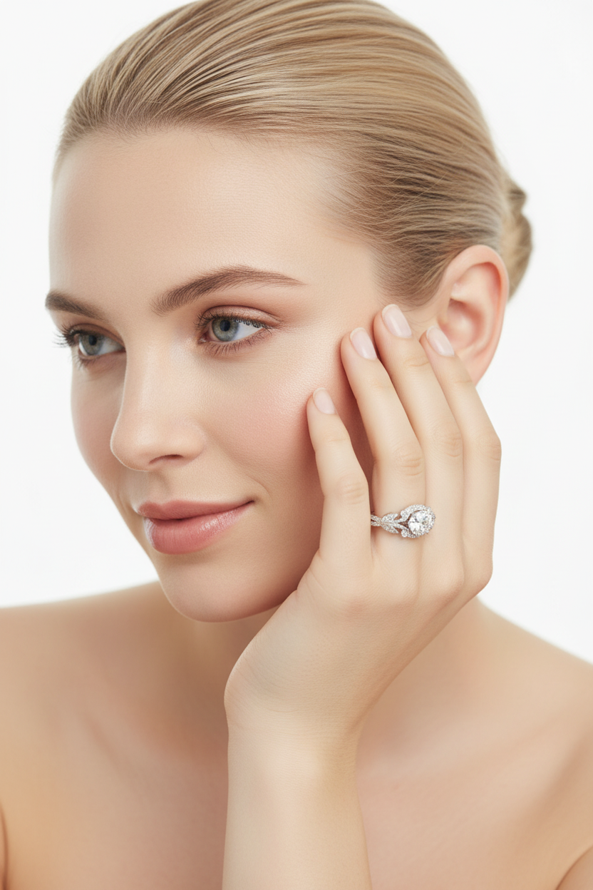 Modelo loira com coque mostrando o Tree Leaf Diamond Engagement Ring perto do rosto