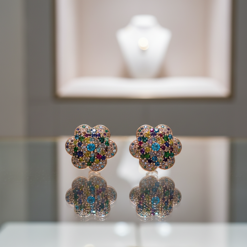 Flower zircon stud earrings on glass counter display