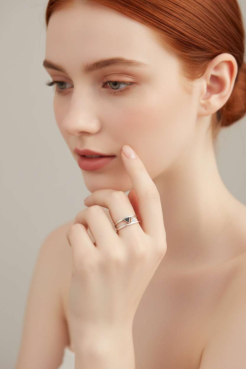 Modelo ruiva 35 graus usando o 925 Sterling Silver Open Ring