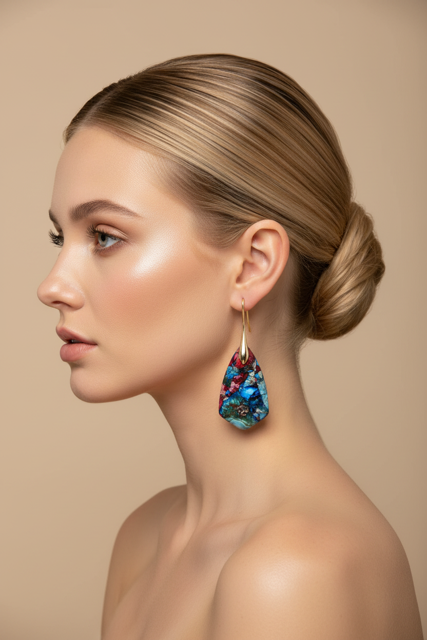 Blonde woman left profile, ballerina bun, multicolor Jasper drop earrings