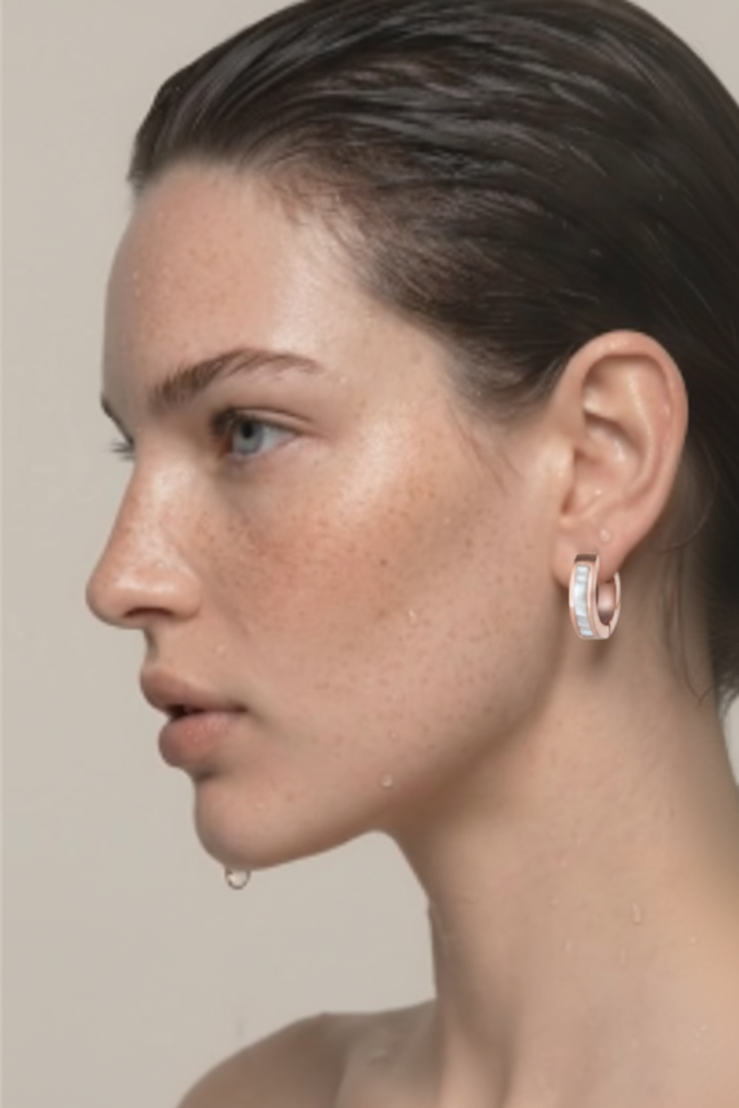 Rose Gold Shell Inlay Hoop Earrings – Editorial Model Photo