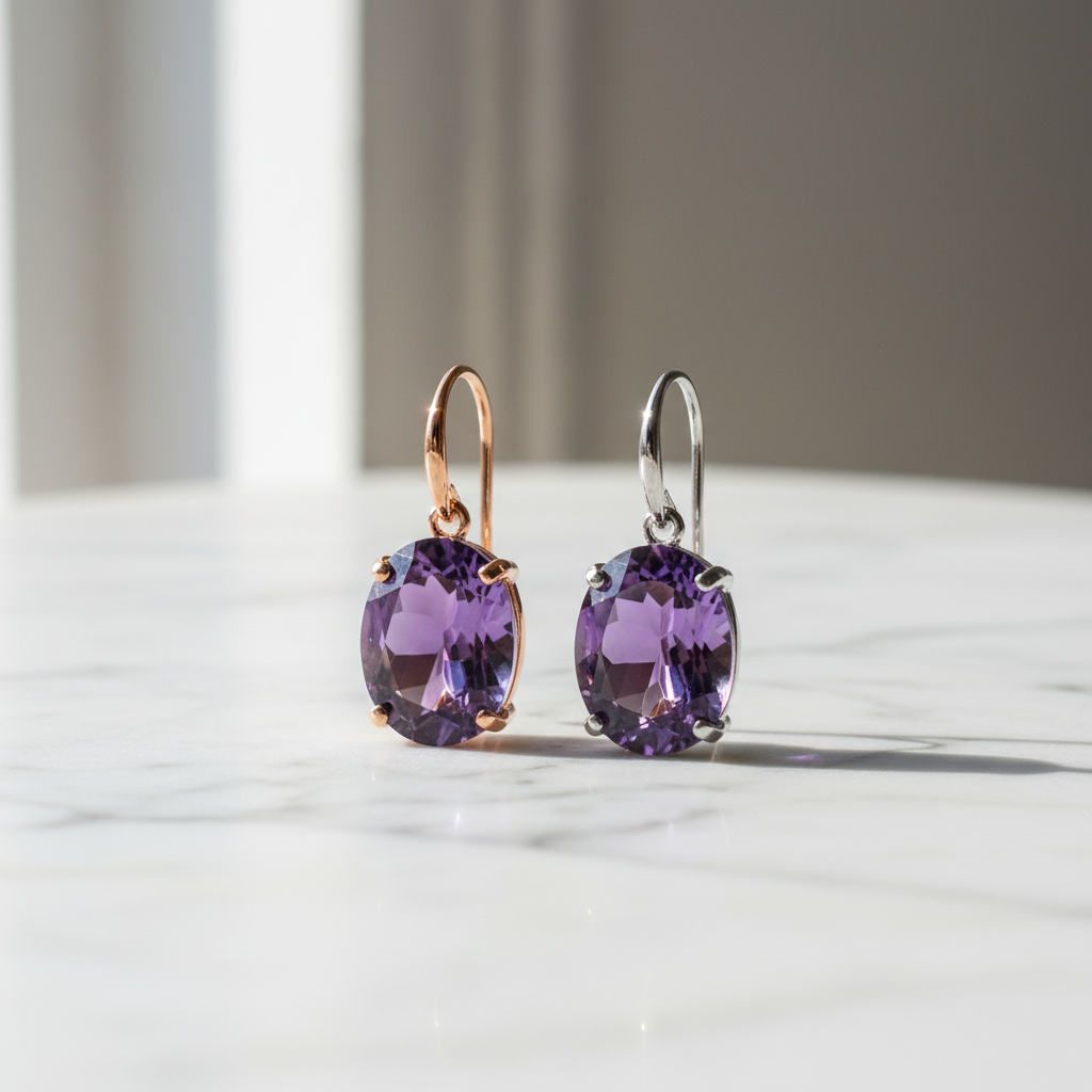 Purple crystal gemstone hook earrings in rose gold and white gold on white marble