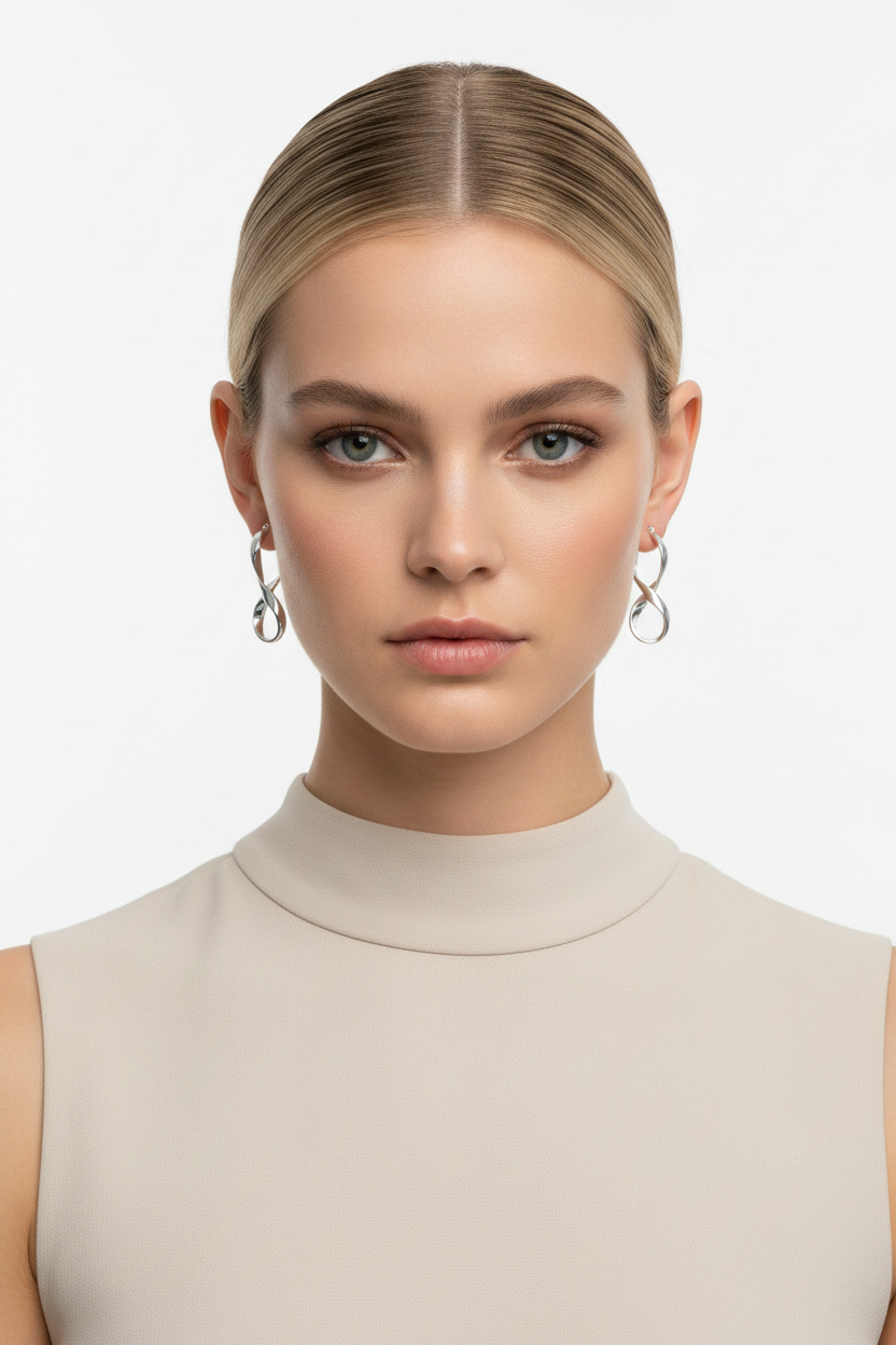 Blonde model with bun wearing silver infinity hoop earrings - front view