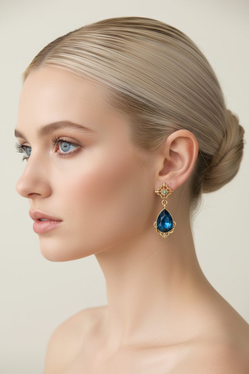 Nordic blonde model wearing sapphire drop earrings - side profile
