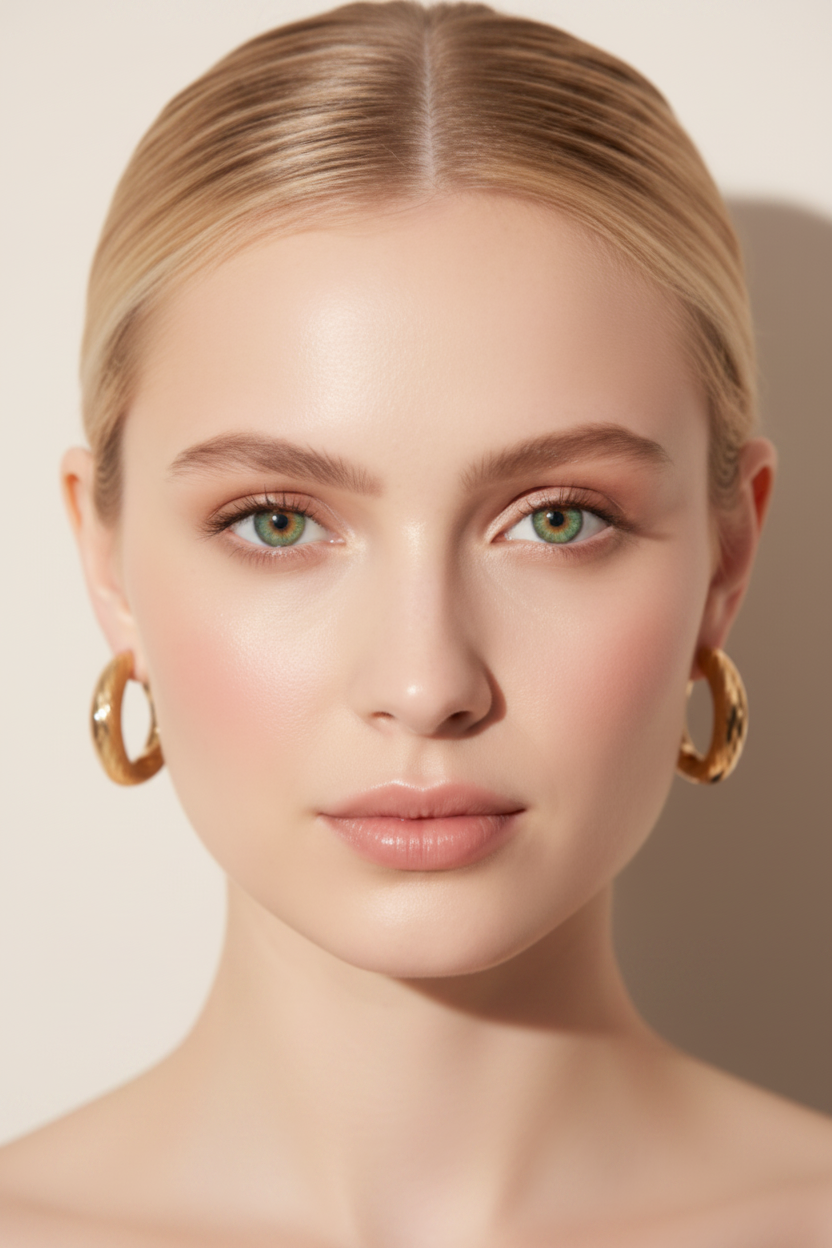 Blonde woman with green eyes and bare shoulders wearing chunky gold hoop earrings