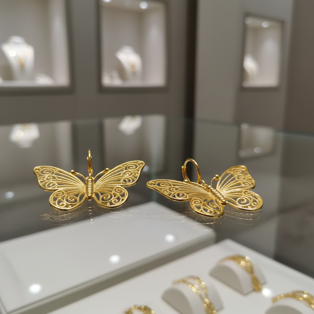 24K gold butterfly filigree earrings on glass counter display