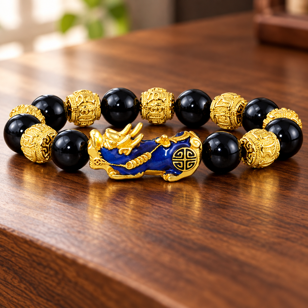 Black bead bracelet with blue and gold-tone Pixiu centerpiece on a wooden table