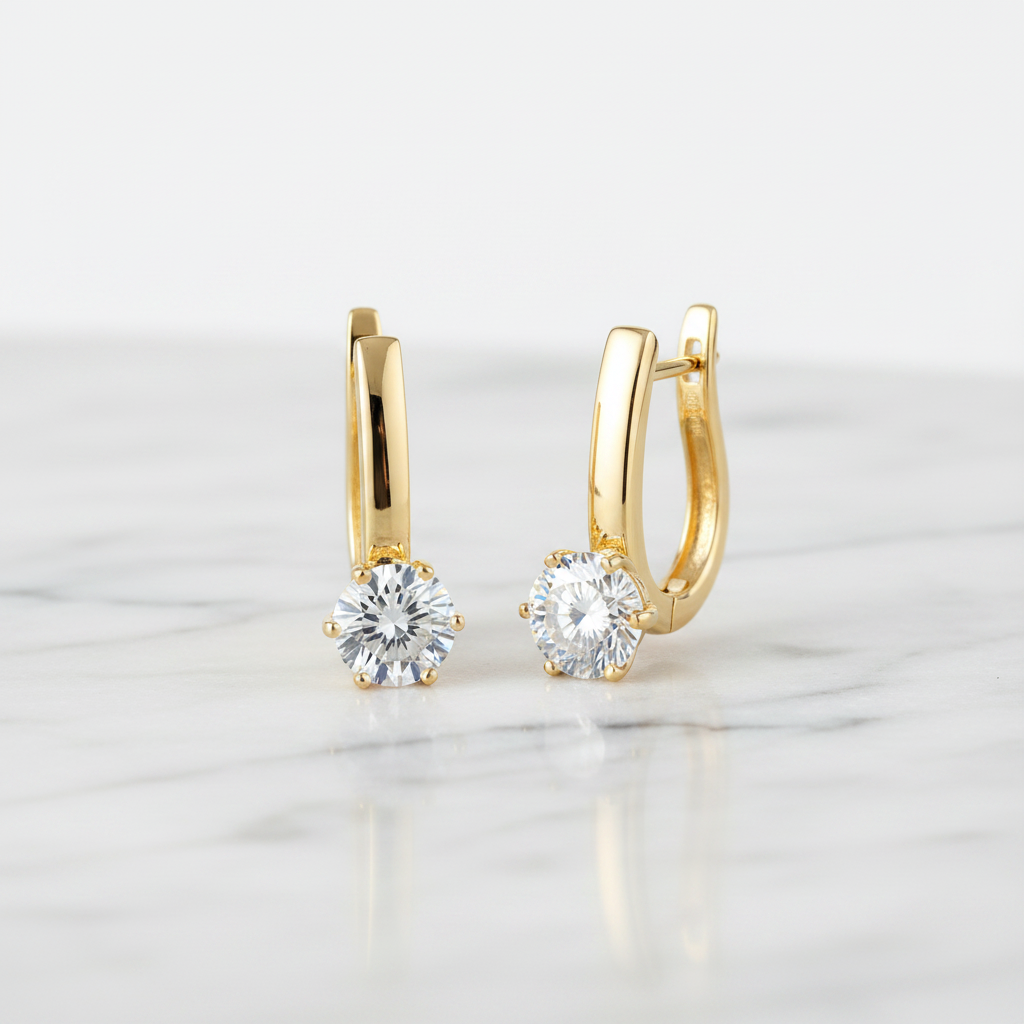 Six-Claw Diamond Hoops on white marble