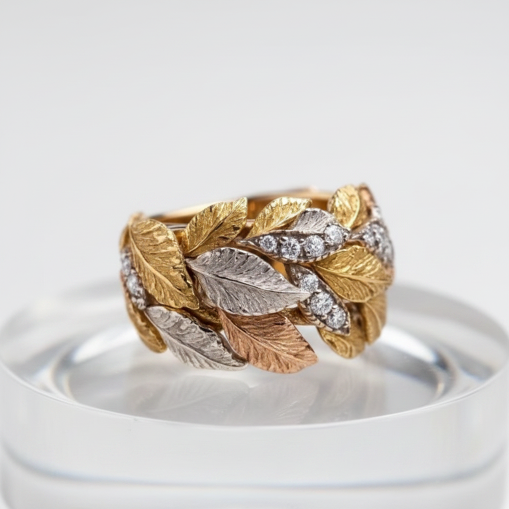 Tri-Color Gold Leaf Ring on transparent glass surface