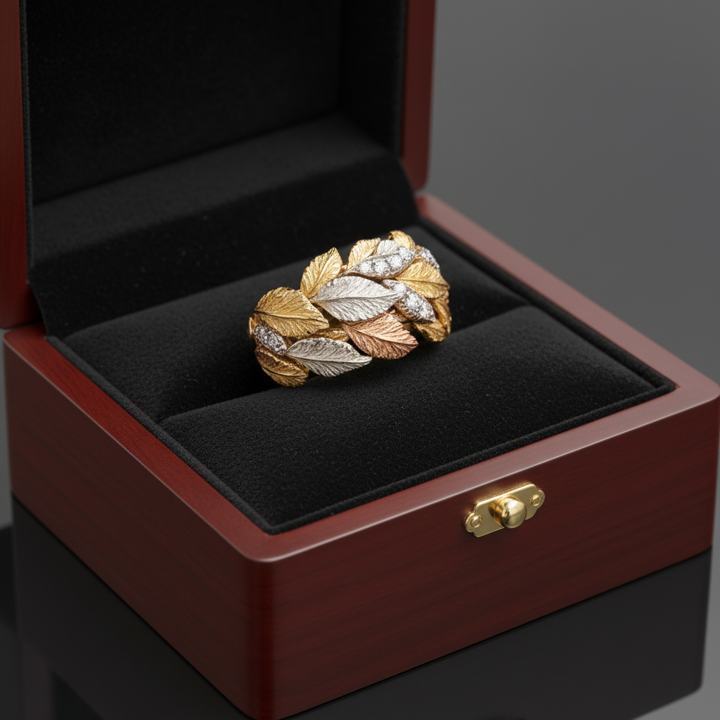 Tri-Color Gold Leaf Ring displayed in a luxury jewelry box with black velvet interior