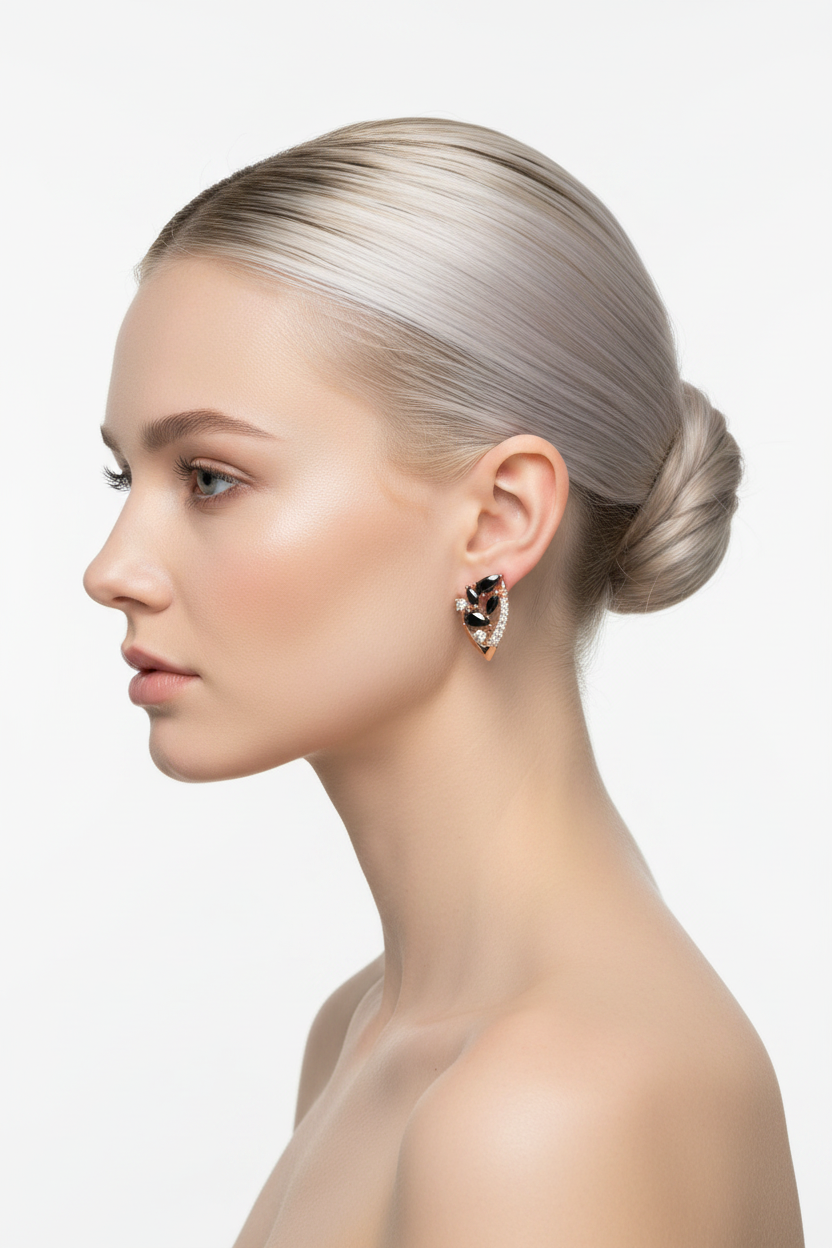 Nordic woman left profile, ballerina bun, rose gold black zircon flower hoop earrings