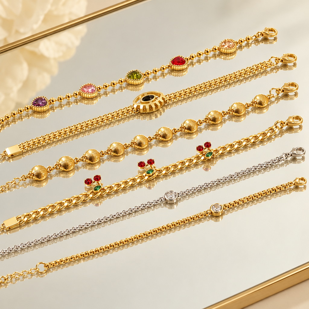 Six decorative bracelet style options displayed on a mirror, sold individually