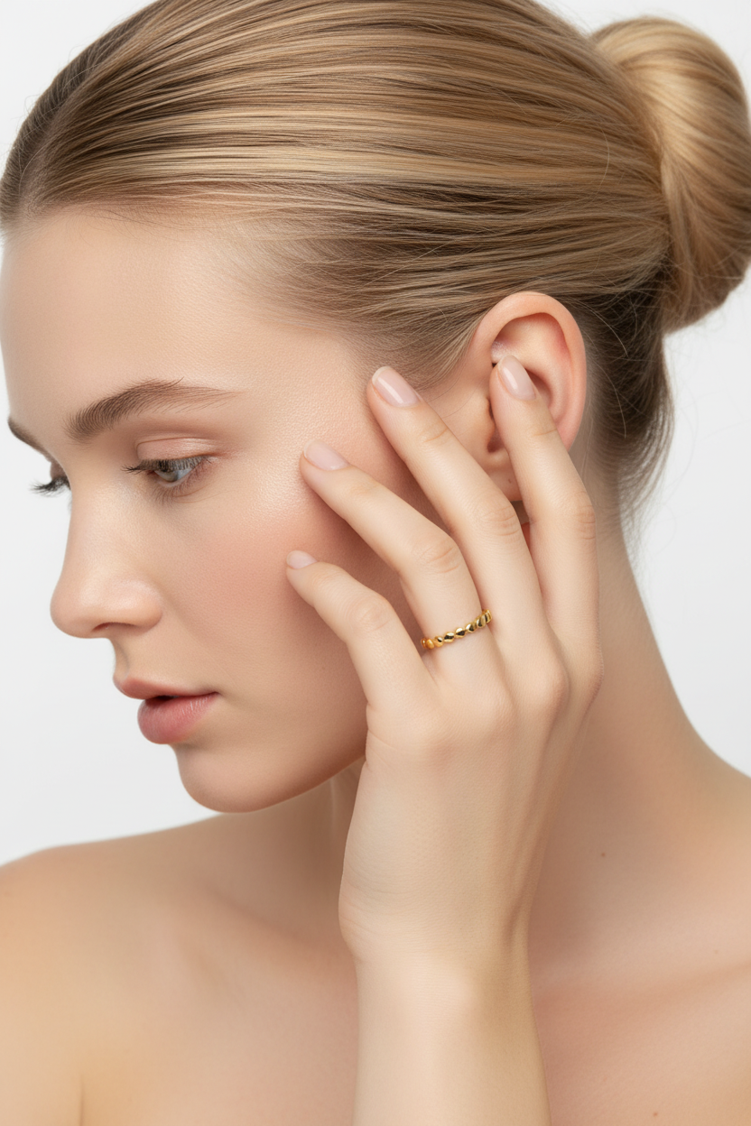 Modelo loira com coque usando o Gold Circle Chain Ring - perfil