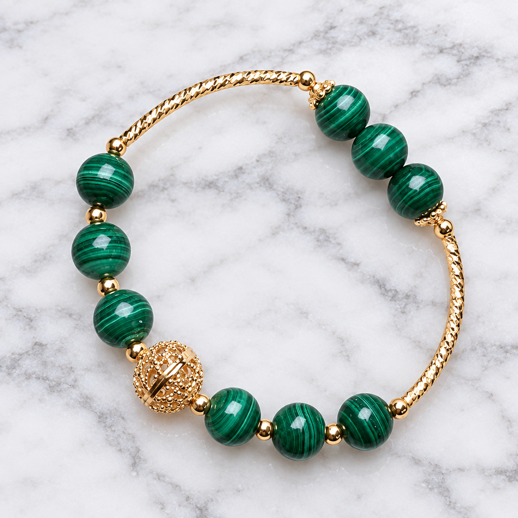 Malachite bead bracelet with gold-plated details on white marble