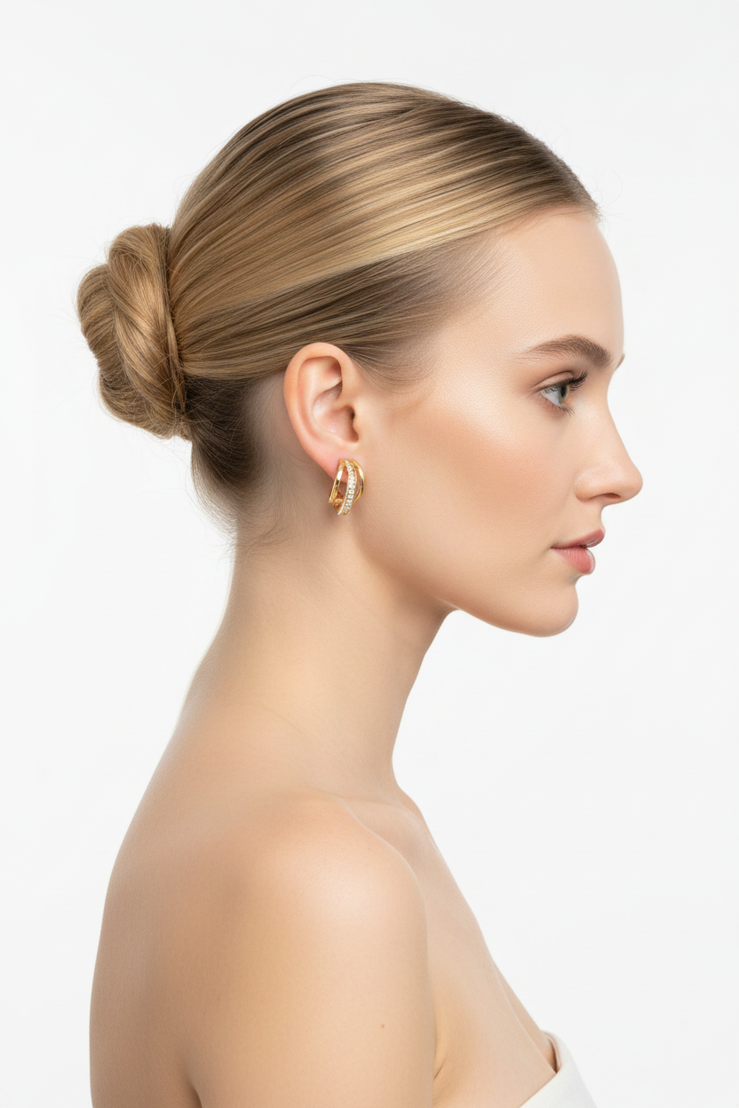 Blonde ballerina bun model side profile wearing triple gold C-hoop zircon earrings