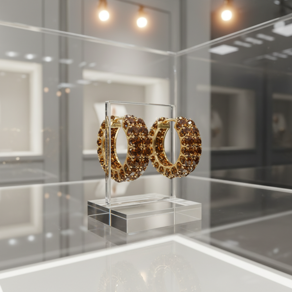 Coffee crystal hoop ear clips on glass counter display