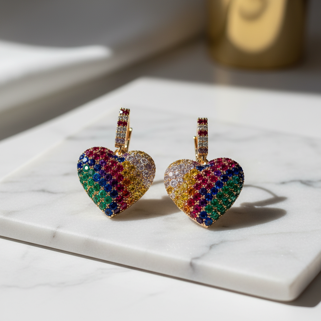 Colorful zircon heart earrings on white marble