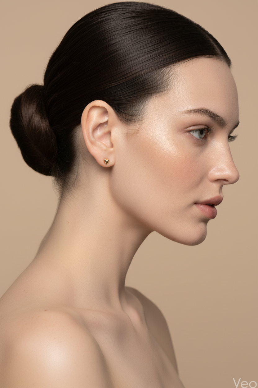 Woman right profile, ballerina bun, dry skin, gold stud earring