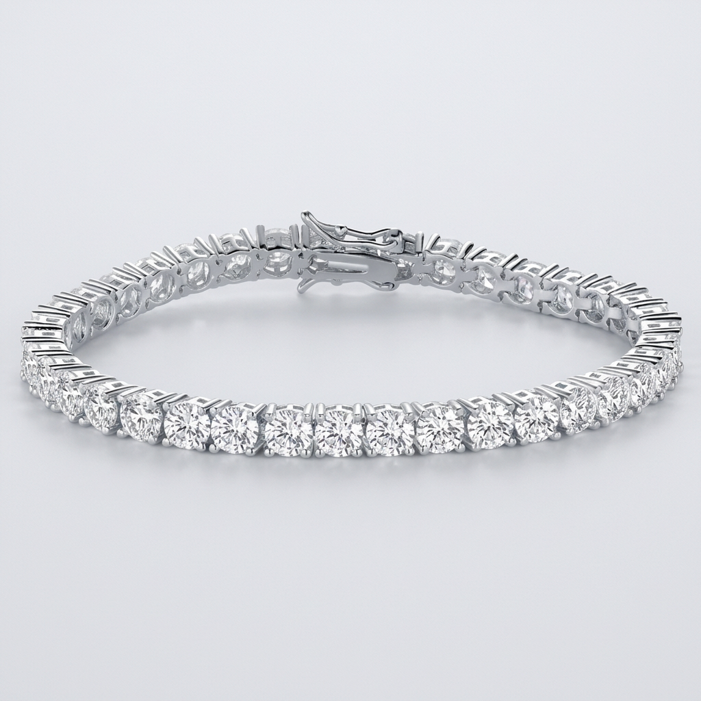 Silver-tone zircon tennis bracelet in a studio setting