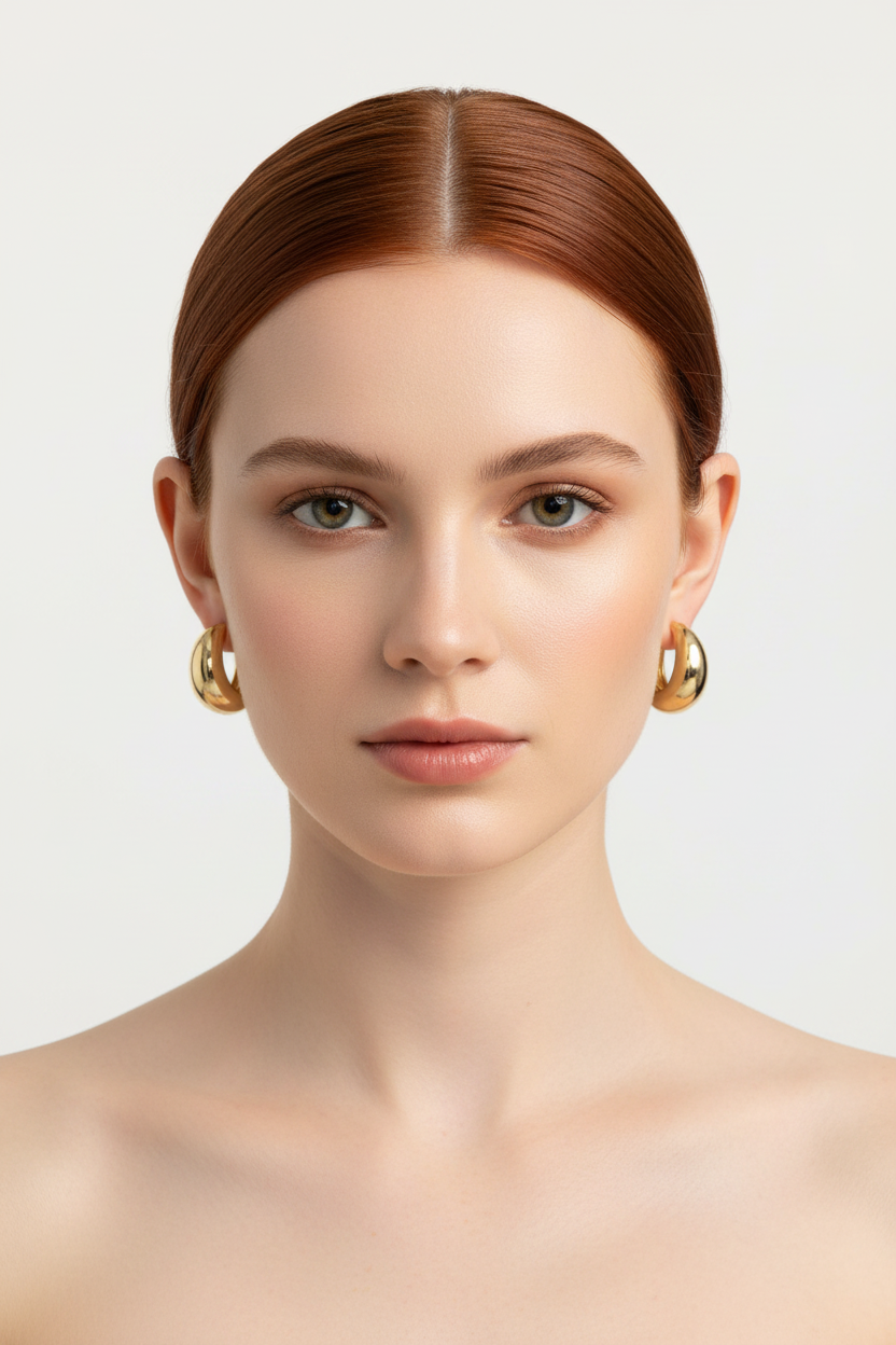 Redhead model with bun wearing chunky gold C-hoop earrings - front view