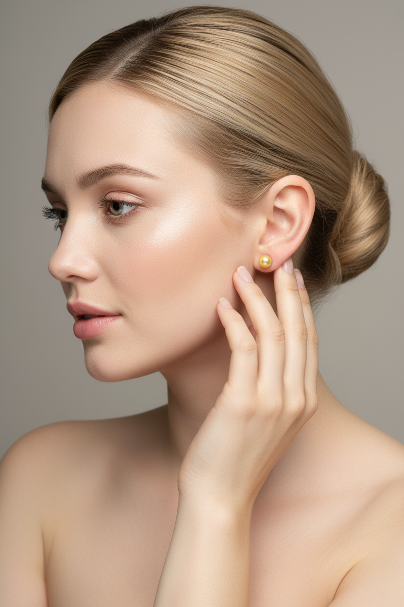 Blonde woman side profile wearing 18K gold pearl stud earring with bare shoulders
