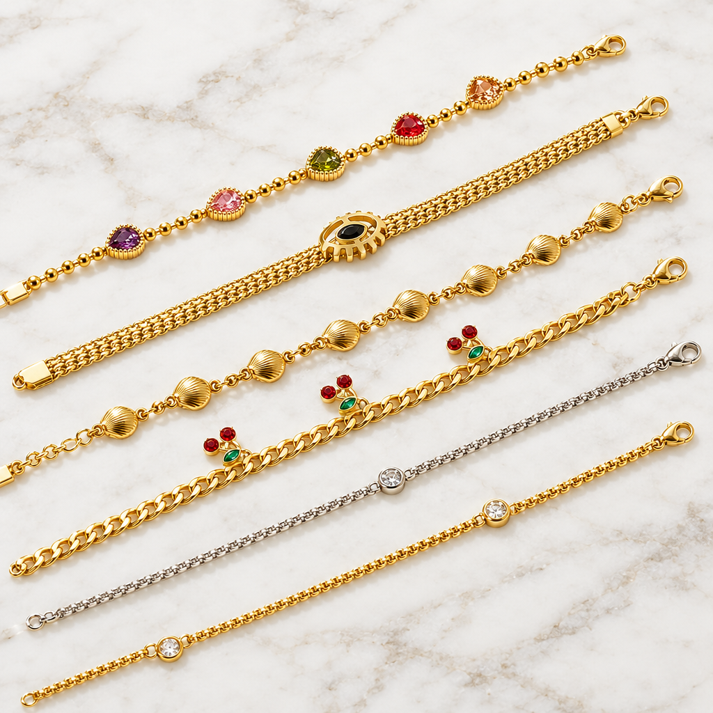 Six decorative bracelet style options displayed on white marble, sold individually