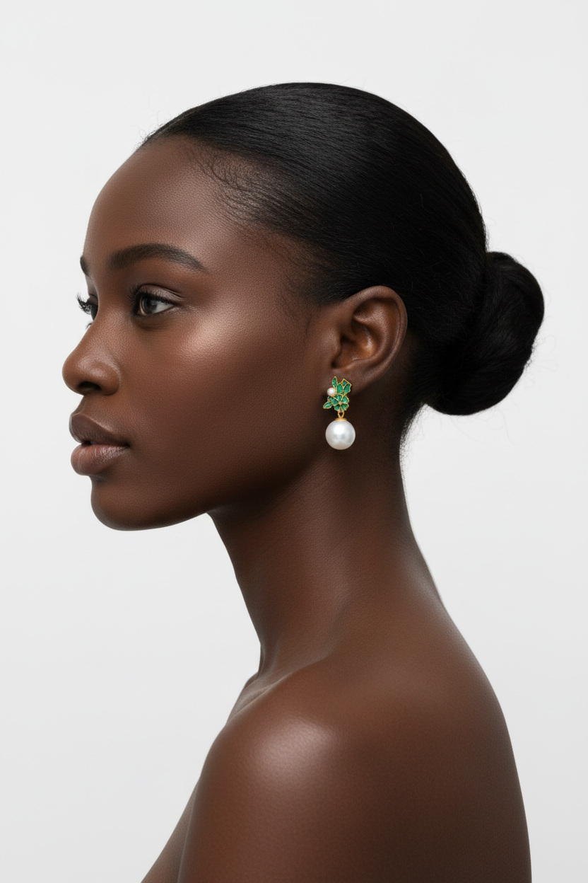 Black woman left profile, ballerina bun, gold enamel green jade pearl flower drop earrings