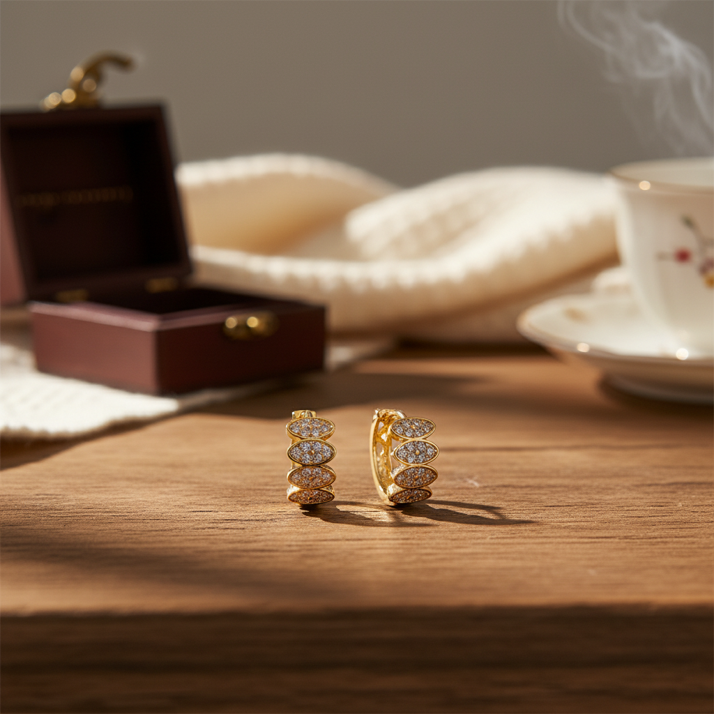 Gold zircon huggie earrings on wooden table