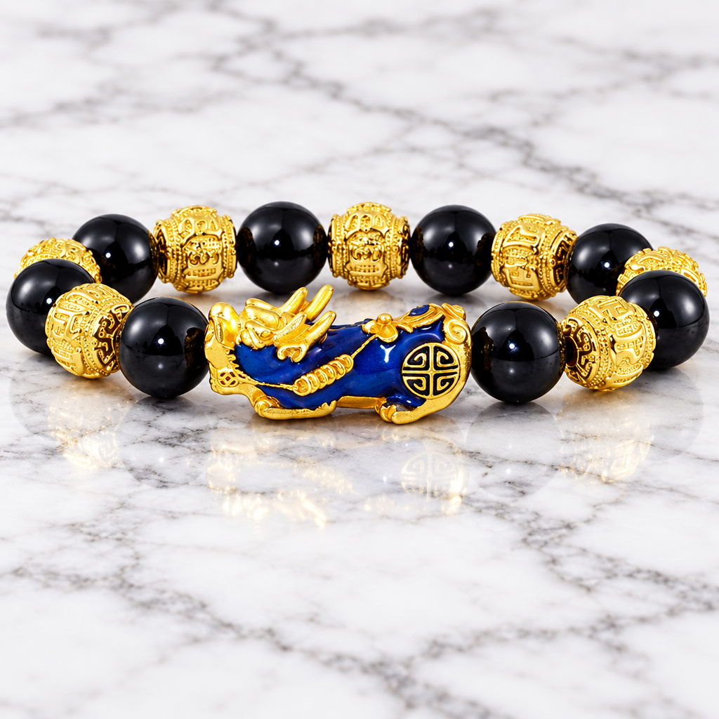Black bead bracelet with blue and gold-tone Pixiu centerpiece on white marble