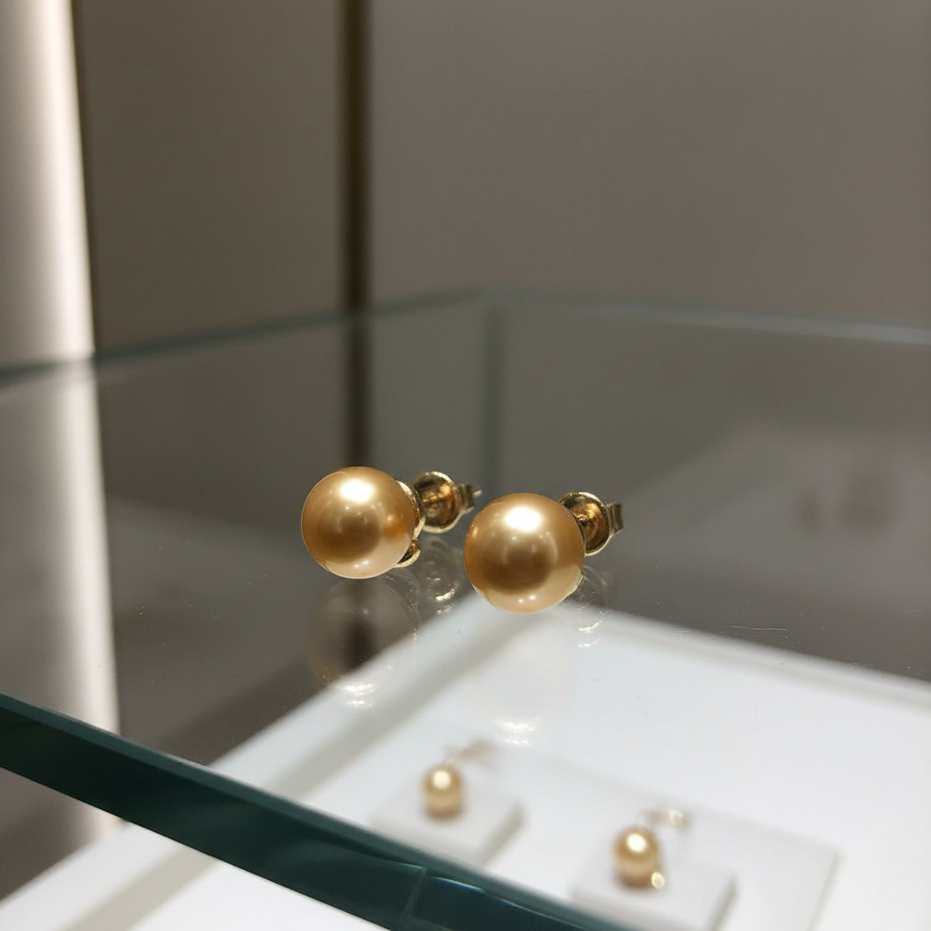 18K gold pearl stud earrings on glass counter display
