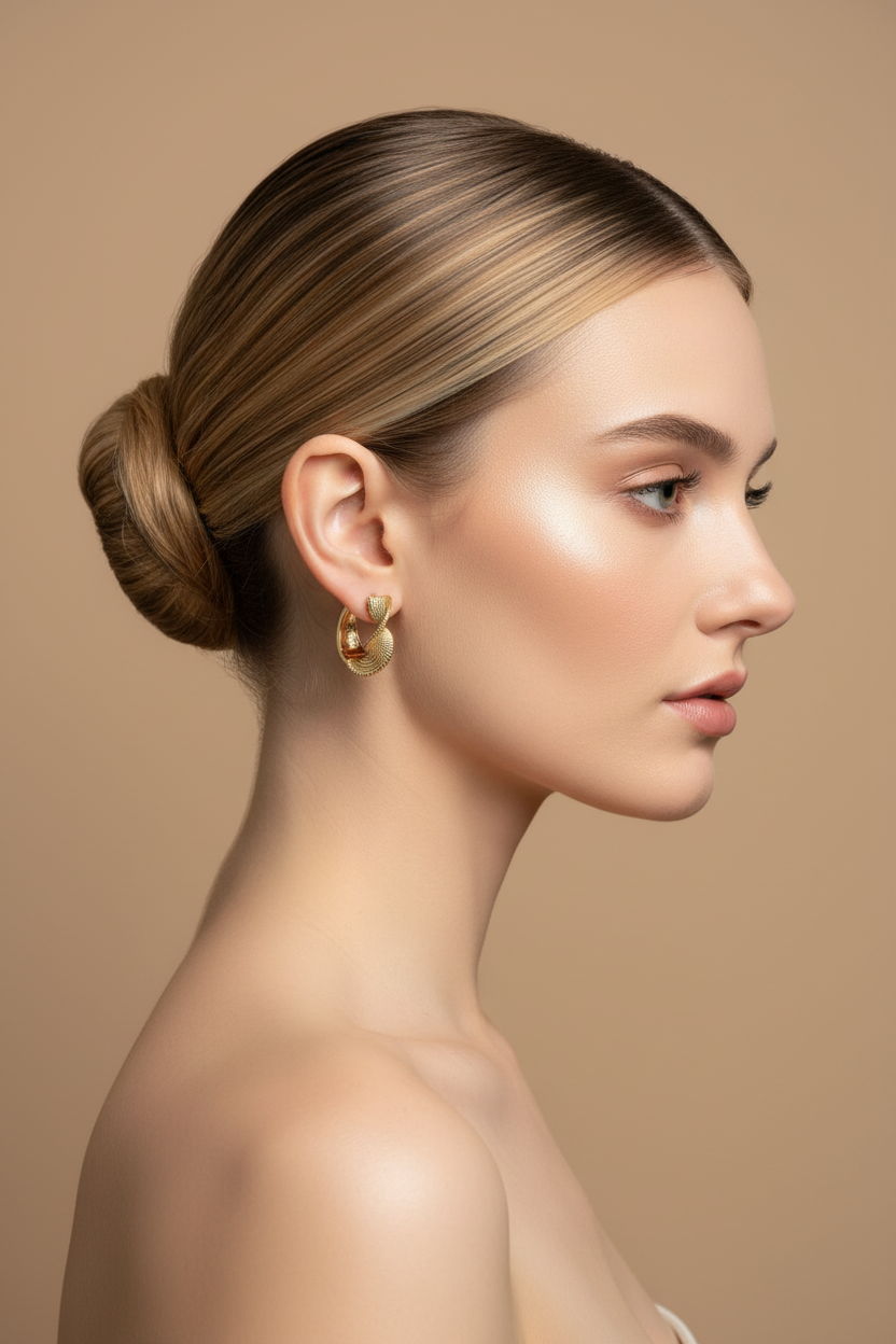 Blonde woman right profile, ballerina bun, gold twisted pleated hoop earrings